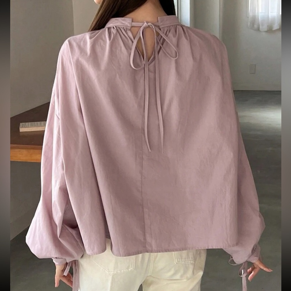 Pink puff sleeve poplin style tie neck top - Picture 5 of 6